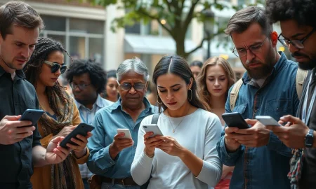 People looking at smartphones with skeptical expressions, illustrating public unease about AI.
