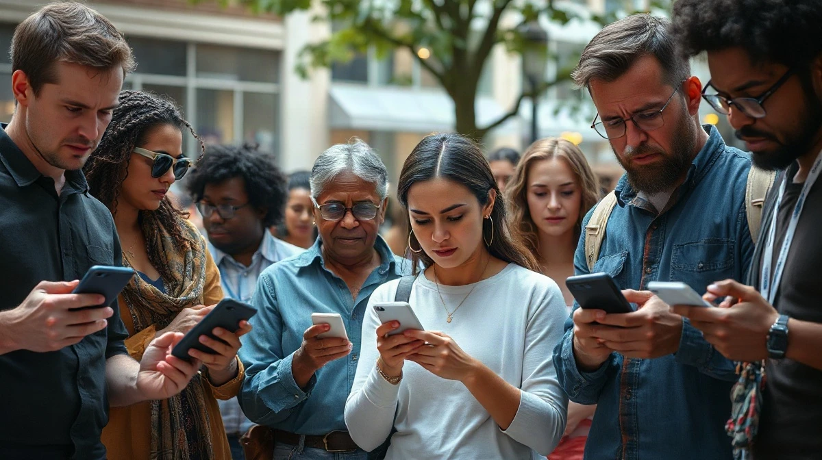 People looking at smartphones with skeptical expressions, illustrating public unease about AI.