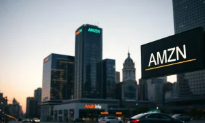 Financial district skyline with stock ticker showing AMZN, representing institutional investor activity