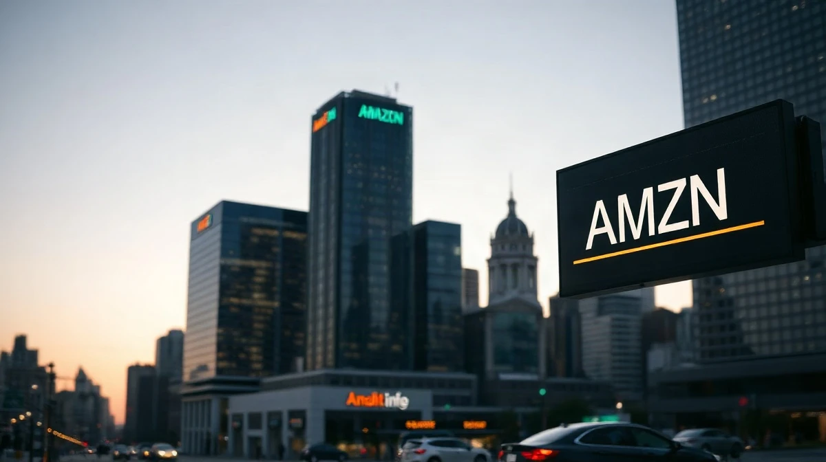 Financial district skyline with stock ticker showing AMZN, representing institutional investor activity
