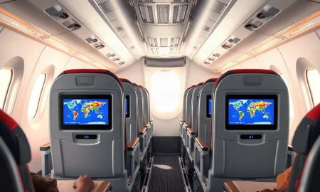 American Airlines narrowbody cabin interior with new 4K seatback entertainment screens