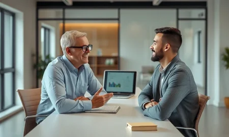 Financial advisor and client discussing investments in a modern office, with an AI interface visible on a laptop in the background