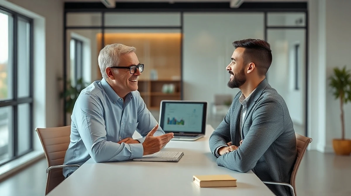 Financial advisor and client discussing investments in a modern office, with an AI interface visible on a laptop in the background
