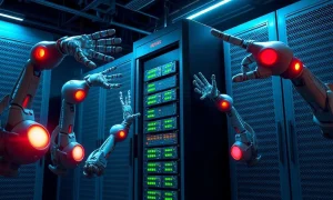 Illustration of AI agents in a server room clashing over a shared computer system
