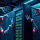 Illustration of AI agents in a server room clashing over a shared computer system