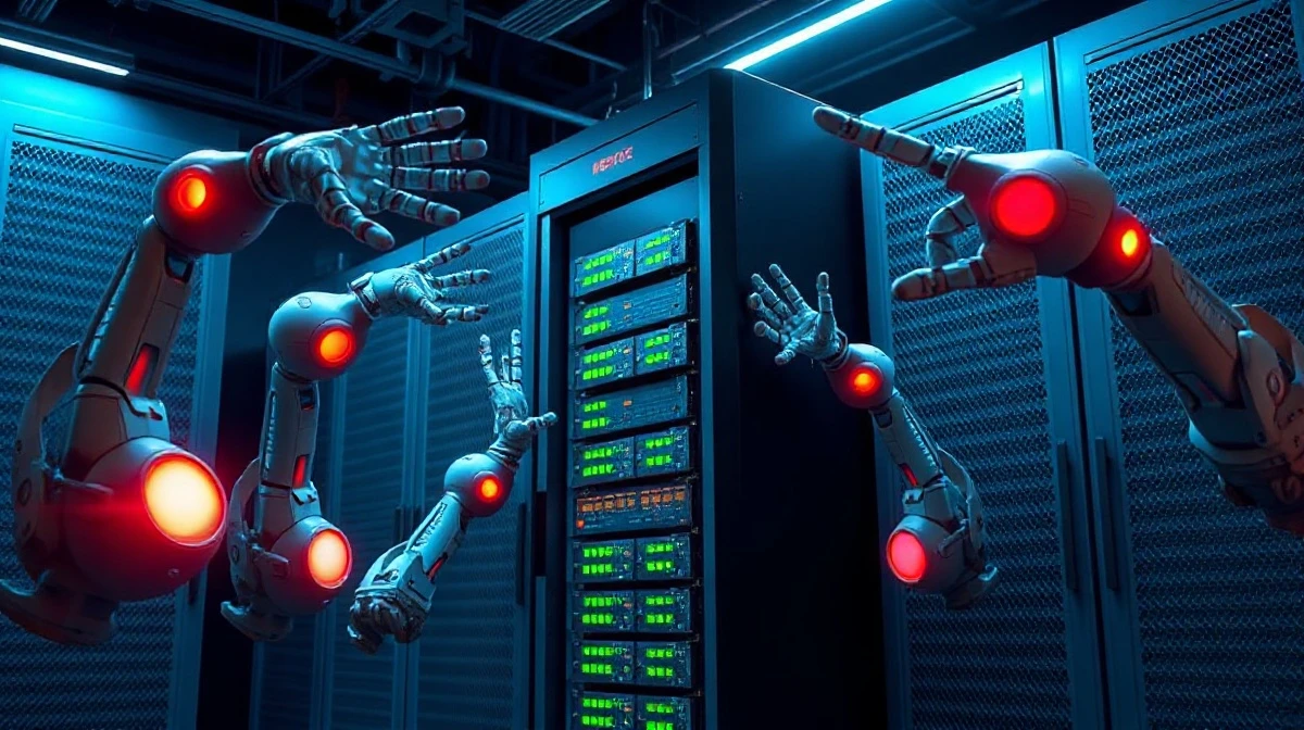 Illustration of AI agents in a server room clashing over a shared computer system