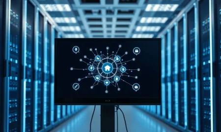 Anthropic AI model testing network diagram on a monitor in a data center