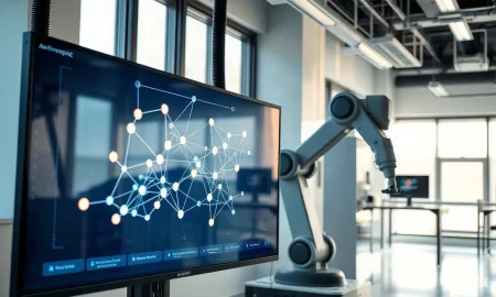 AI research laboratory with automated systems and neural network visualization on a monitor