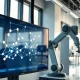 AI research laboratory with automated systems and neural network visualization on a monitor