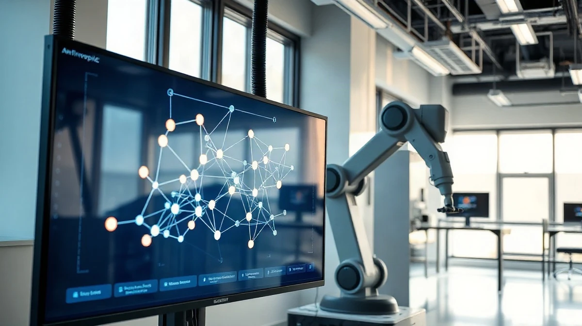 AI research laboratory with automated systems and neural network visualization on a monitor