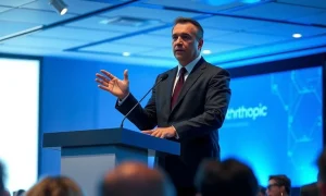 Anthropic CEO Dario Amodei speaking at a tech conference in San Francisco, 2026.