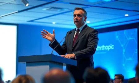 Anthropic CEO Dario Amodei speaking at a tech conference in San Francisco, 2026.