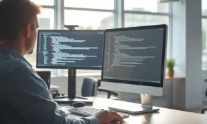 Developer working at a dual-monitor setup with code on screens in a bright office