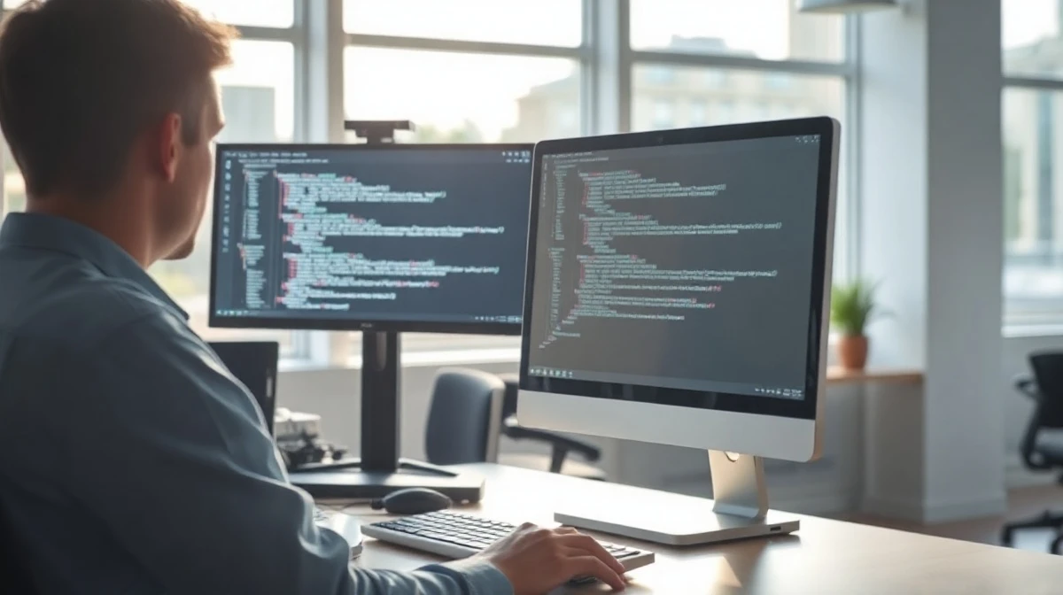 Developer working at a dual-monitor setup with code on screens in a bright office
