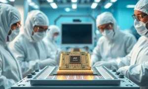 Engineers in a cleanroom examining a custom AI accelerator chip on a test station