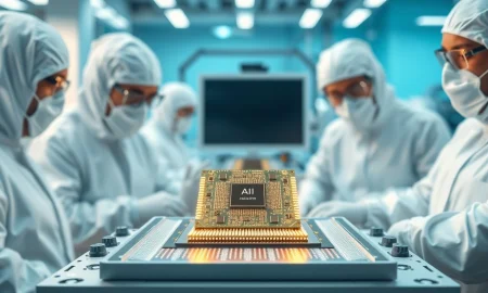 Engineers in a cleanroom examining a custom AI accelerator chip on a test station