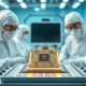 Engineers in a cleanroom examining a custom AI accelerator chip on a test station