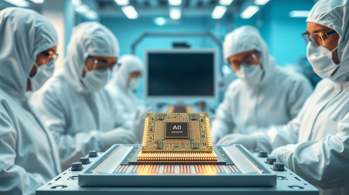 Engineers in a cleanroom examining a custom AI accelerator chip on a test station