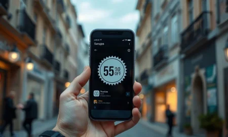 Hand holding a smartphone showing an app store interface with a 5% commission badge in a European city setting
