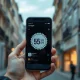 Hand holding a smartphone showing an app store interface with a 5% commission badge in a European city setting