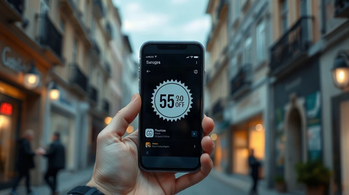 Hand holding a smartphone showing an app store interface with a 5% commission badge in a European city setting