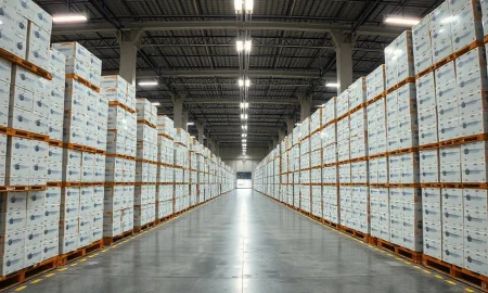 Warehouse filled with stacked Apple product boxes, representing inventory stockpile amid supply constraints.