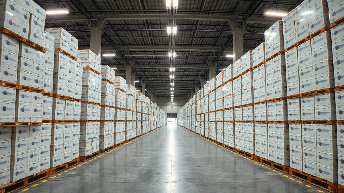 Warehouse filled with stacked Apple product boxes, representing inventory stockpile amid supply constraints.