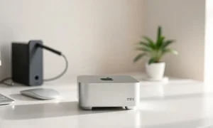 Apple Mac Mini M6 on a modern desk with soft natural lighting