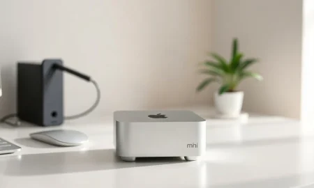Apple Mac Mini M6 on a modern desk with soft natural lighting