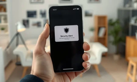 Person holding an iPhone displaying a security alert notification about a spyware attack