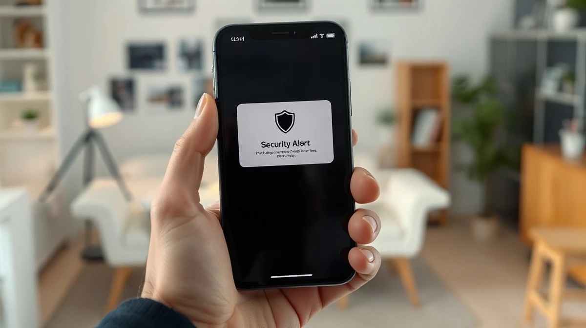 Person holding an iPhone displaying a security alert notification about a spyware attack