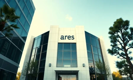 Ares Management headquarters building exterior on a clear day, symbolizing the firm's latest credit fund fundraising milestone.