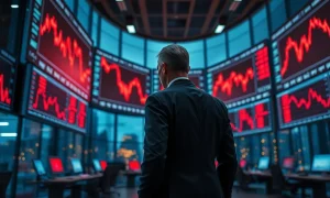Trader observing declining charts on monitors in a modern office, representing the 67% July loss of Aschenbrenner's AI hedge fund.