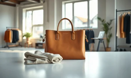 Italian leather handbag and sweater displayed in Atoire's bright startup studio