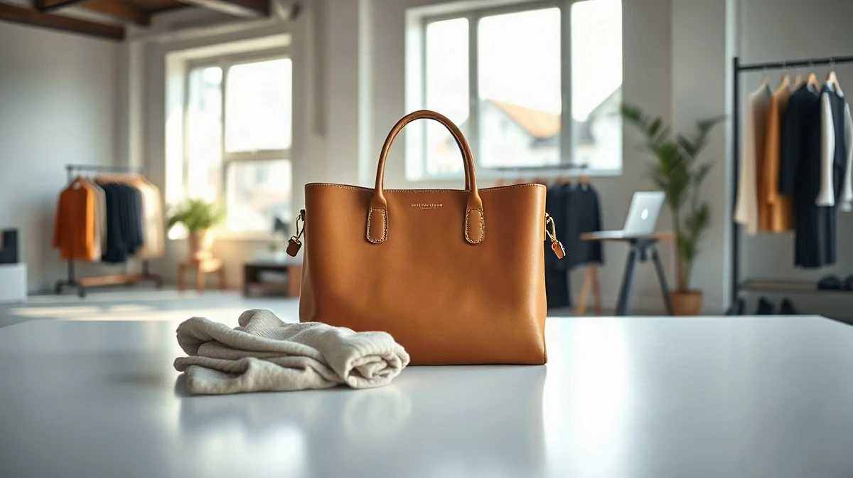 Italian leather handbag and sweater displayed in Atoire's bright startup studio