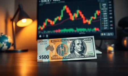Australian and US dollar banknotes with a forex chart in the background