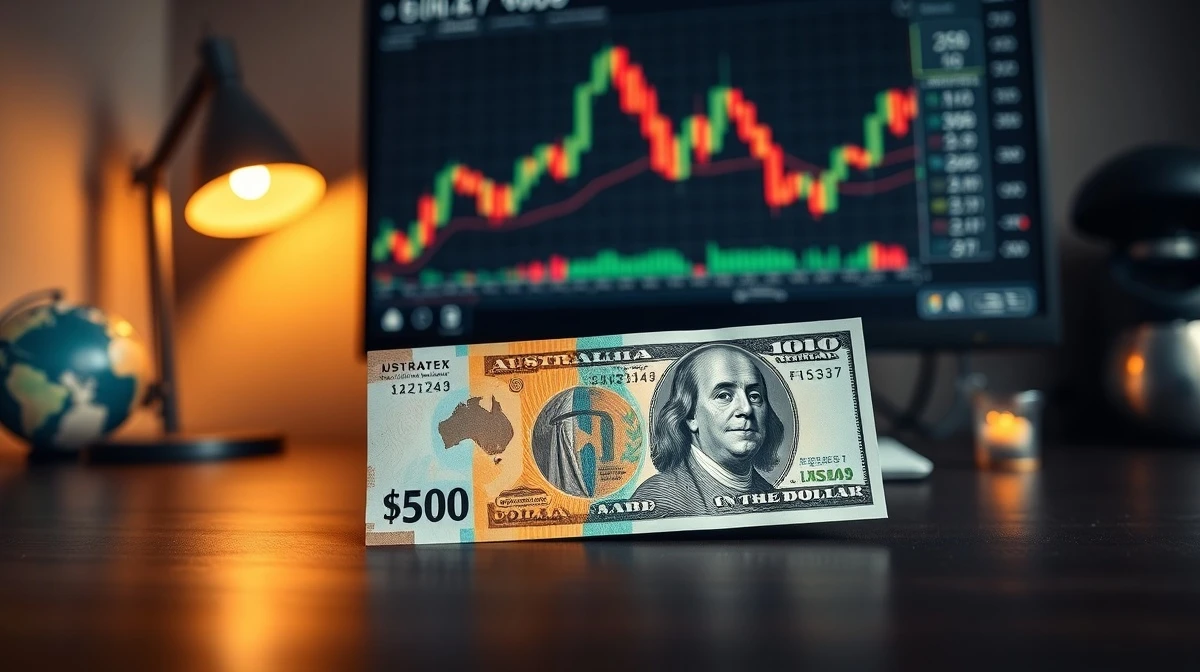 Australian and US dollar banknotes with a forex chart in the background