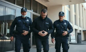 Australian Federal Police officers escort a handcuffed suspect outside a Perth police station