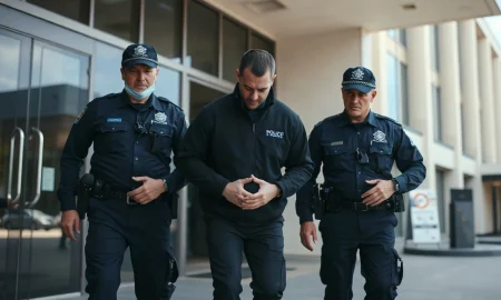 Australian Federal Police officers escort a handcuffed suspect outside a Perth police station