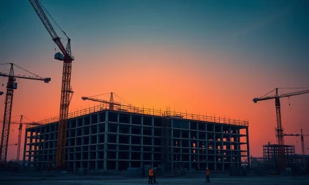 Construction cranes and steel framework at a large industrial infrastructure site at dusk