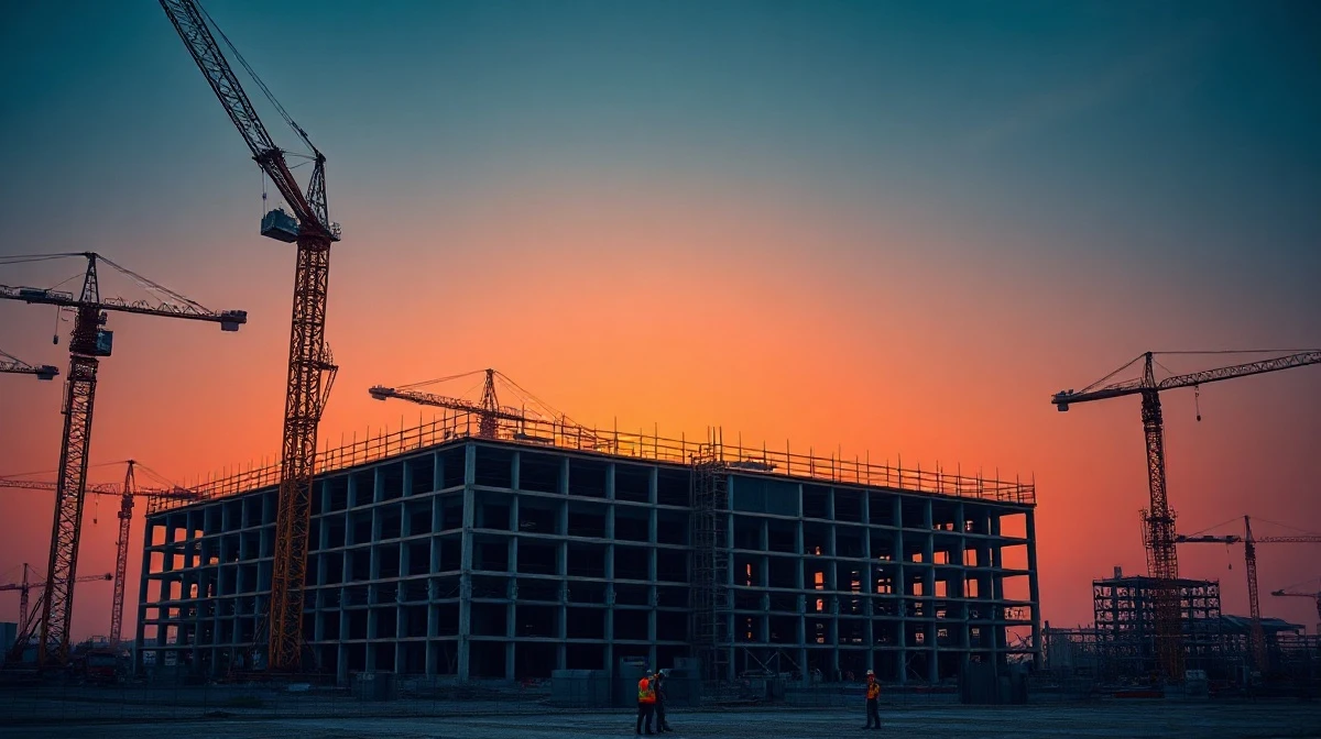 Construction cranes and steel framework at a large industrial infrastructure site at dusk