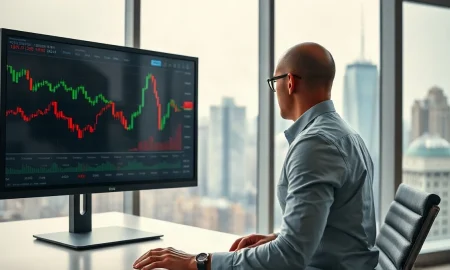 Financial analyst reviewing preferred stock dividend data on a monitor in a modern office