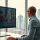 Financial analyst reviewing preferred stock dividend data on a monitor in a modern office