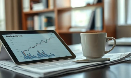 Bank of Hawaii stock chart and coffee on a desk, representing dividend analysis.