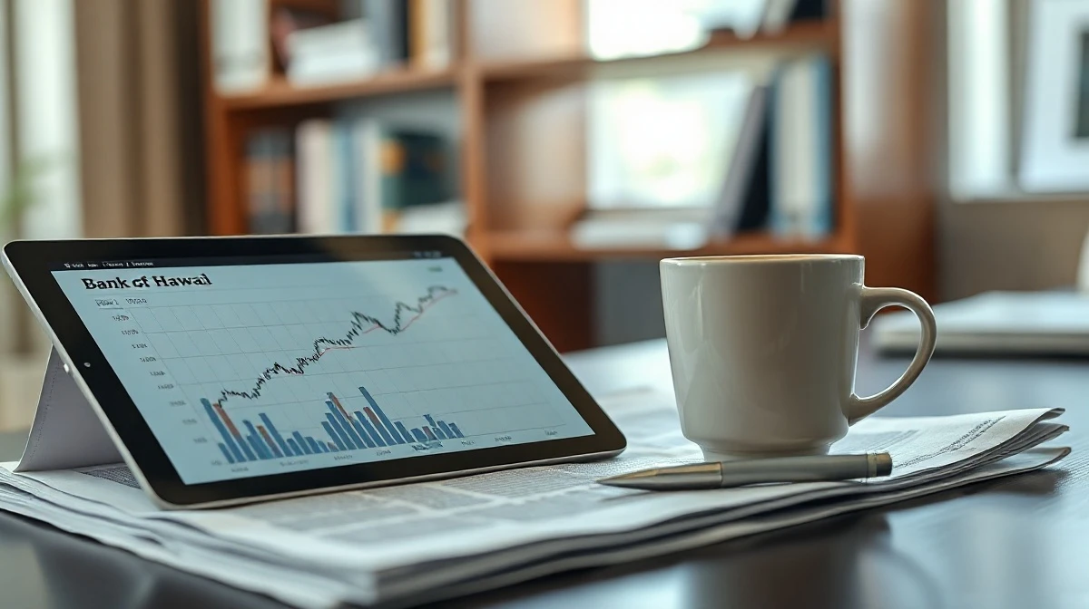 Bank of Hawaii stock chart and coffee on a desk, representing dividend analysis.