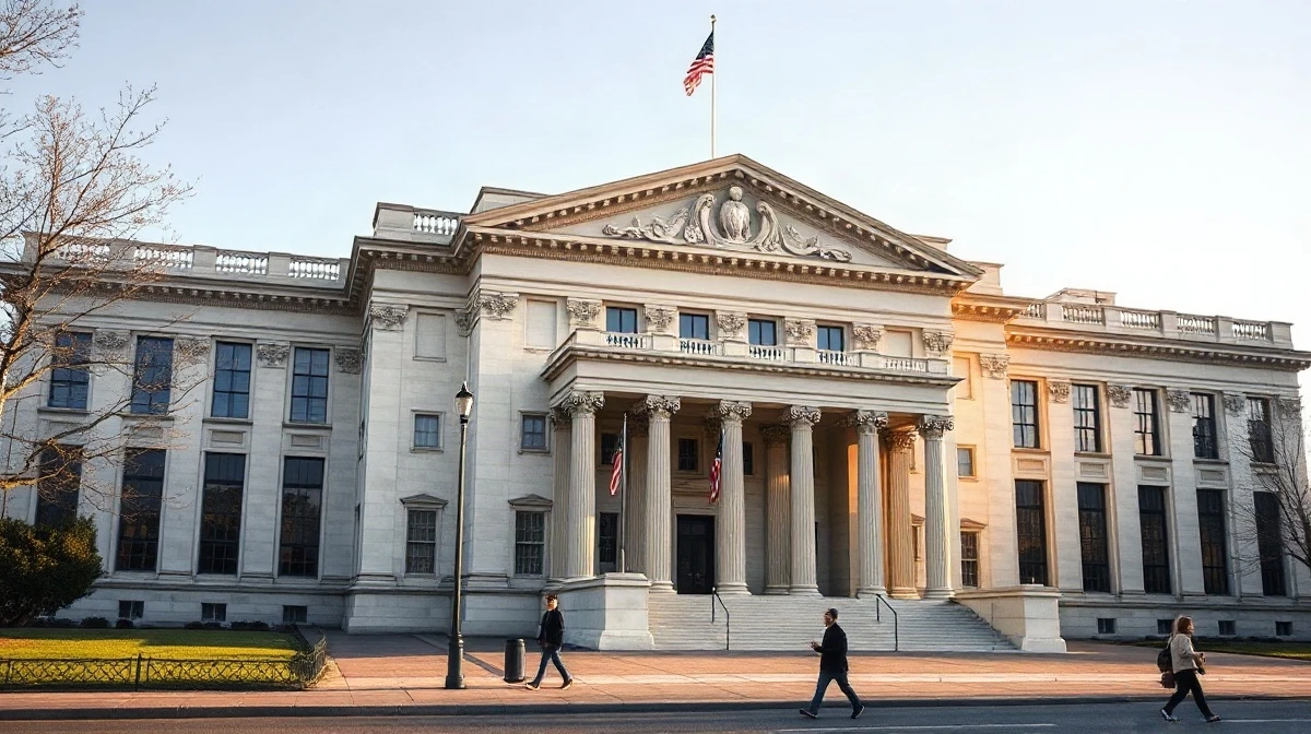 US Treasury Building in Washington, DC, on a clear day, symbolizing the department's bond buyback policy.
