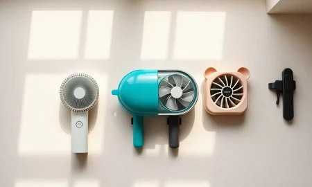 Four handheld mini fans from Dyson, Shark, JISULIFE and MACMORE lined up for comparison