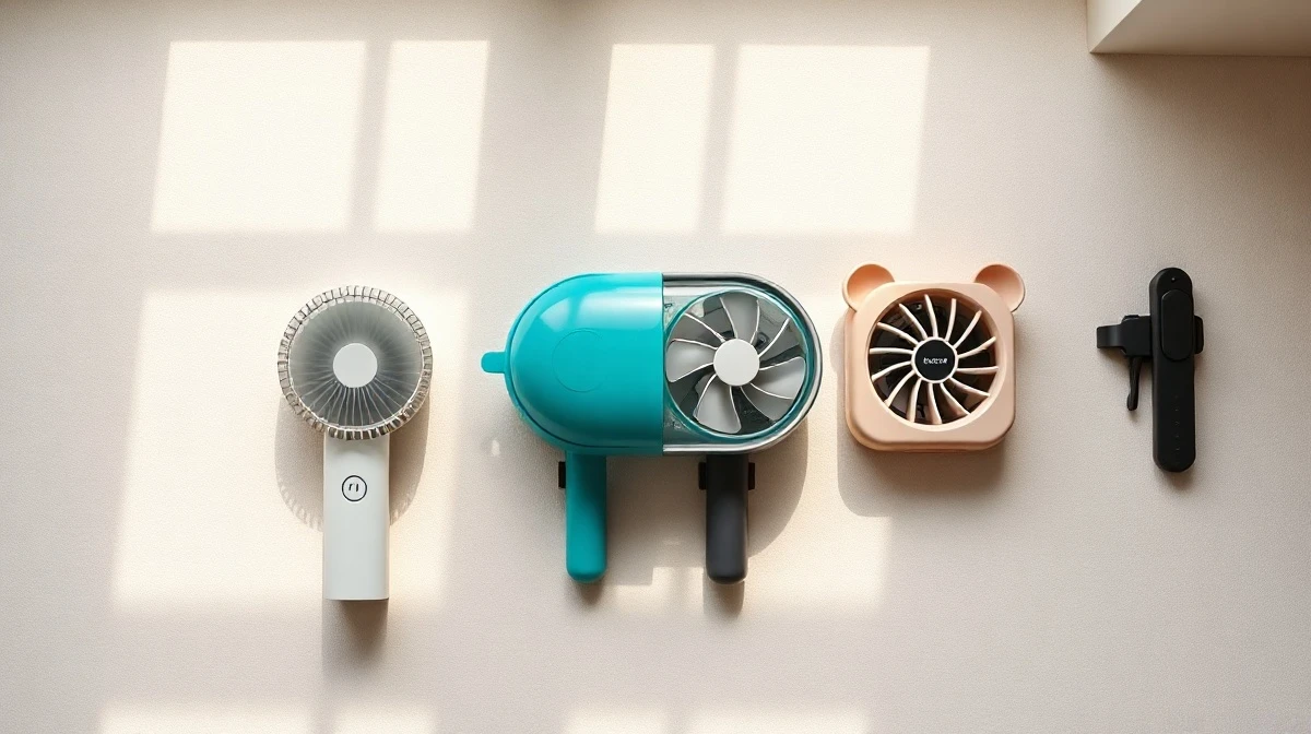 Four handheld mini fans from Dyson, Shark, JISULIFE and MACMORE lined up for comparison