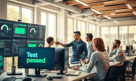 Software engineers collaborating in a modern office, with screens showing automated code testing dashboards