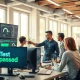 Software engineers collaborating in a modern office, with screens showing automated code testing dashboards